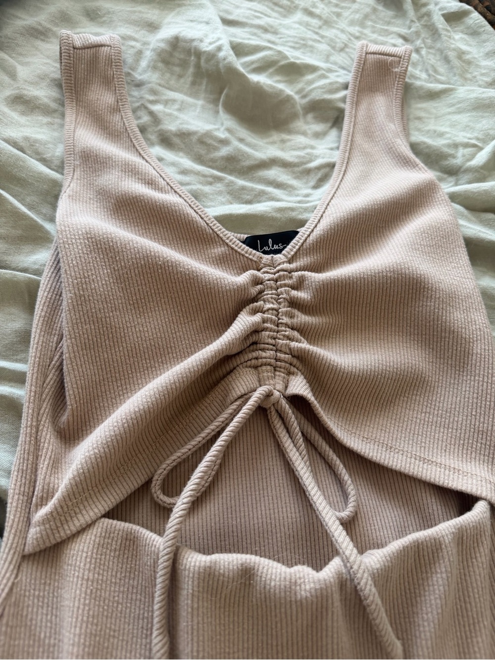 Lulu's Beige Ribbed Tie-Front Mini Dress - Picture 3 of 5